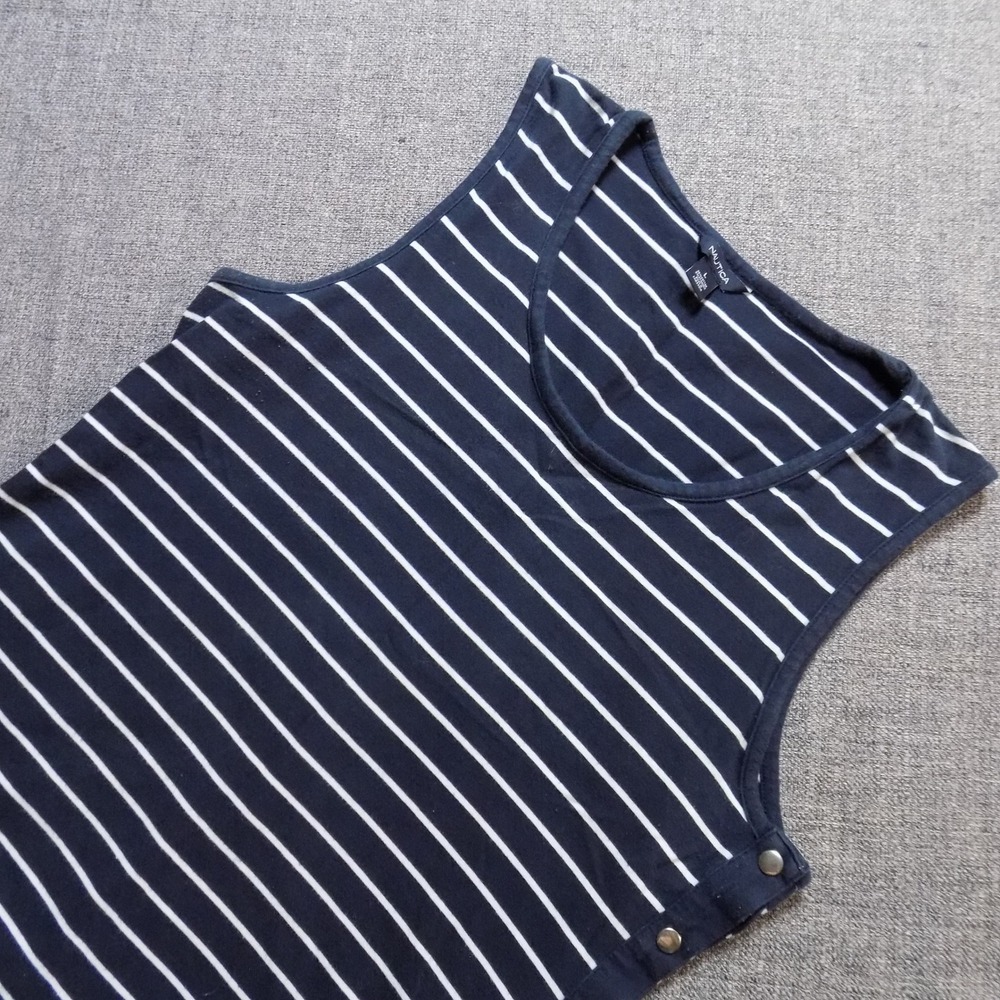 Nautica Tank Top Womens Large Navy‎ Blue Striped Excellent Side Snap Sleeveless